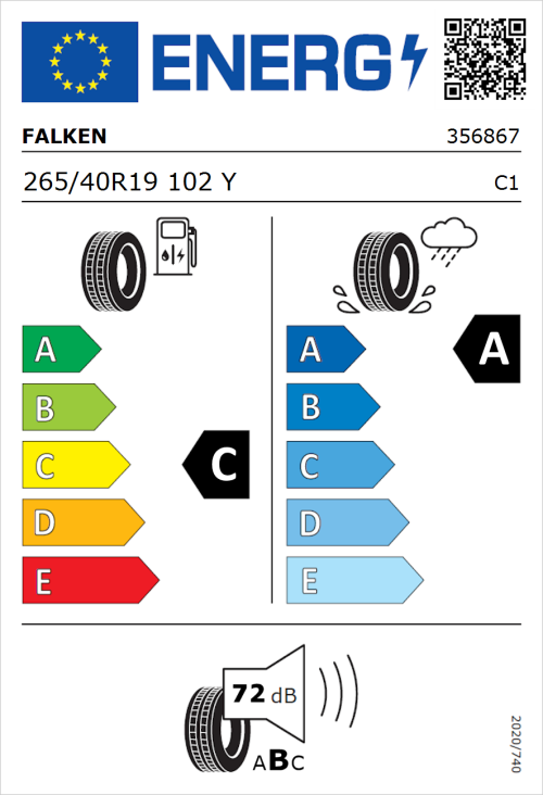 Tyre Label for Falken Azenis RS820 265/40R19 102Y